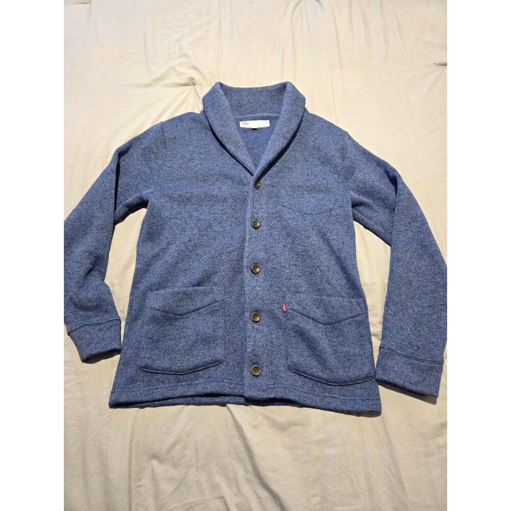 Levis Cardigan Sweater Small Blue Heathered Shawl Collar Knit Button Pockets